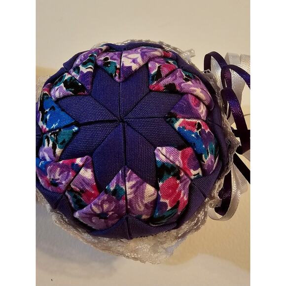 Two Quilted Christmas Ball Ornaments Handmade Purple Victorian Look - Picture 8 of 10